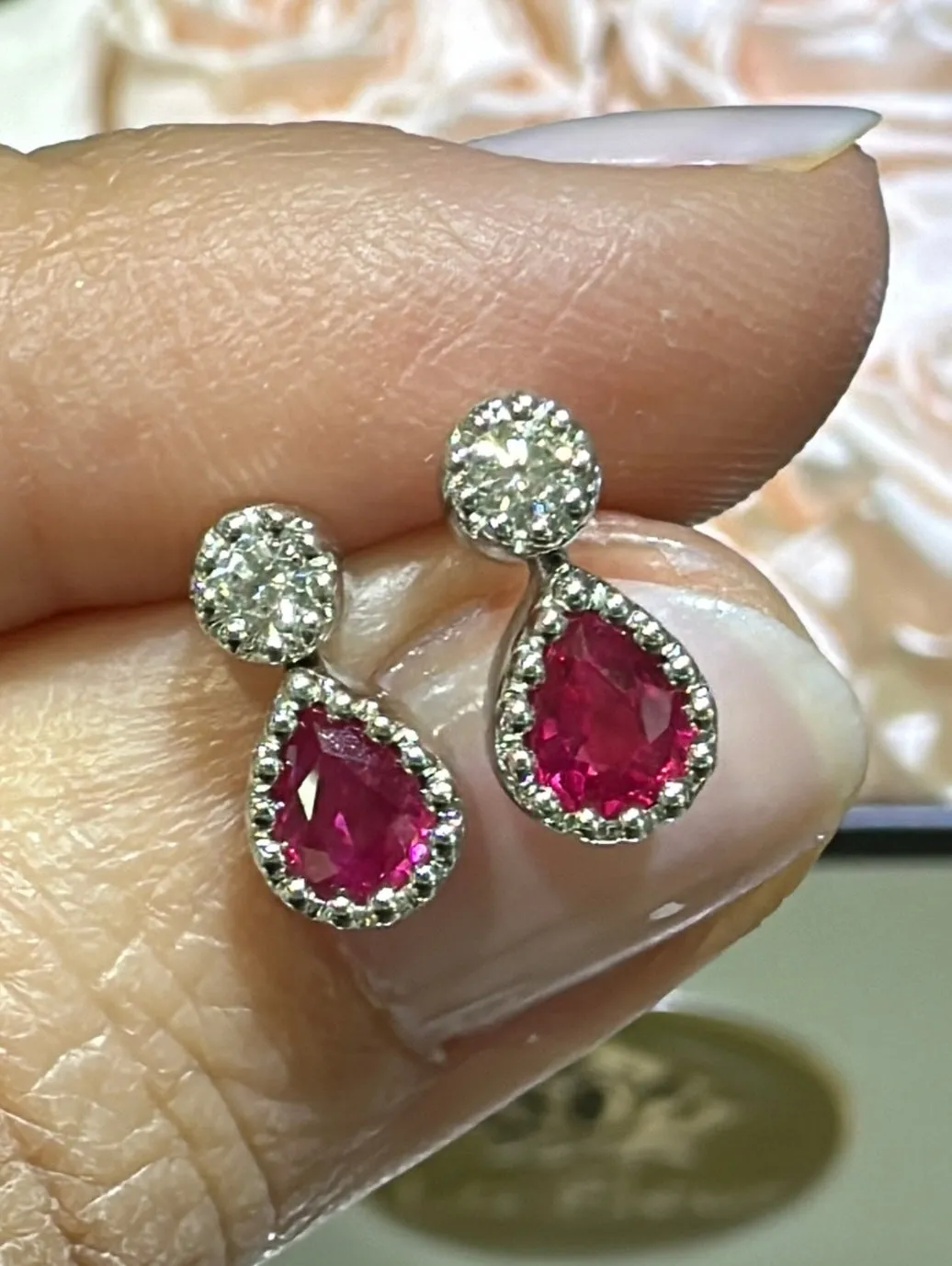 0.87ct tw Ladies Pear Shape Ruby & Diamonds Drop Earrings