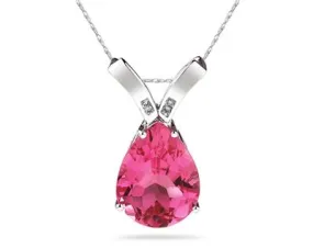 10 1/4 Carat Pear Shaped Pink Topaz & Diamond Pendant In 10K White Gold