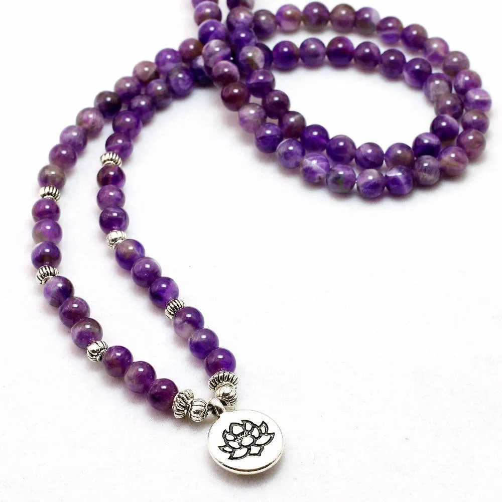 108 Amethyst Purple Mala Beads Lotus Bracelet