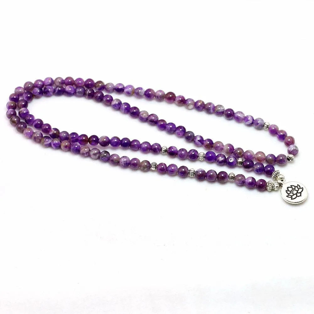 108 Amethyst Purple Mala Beads Lotus Bracelet