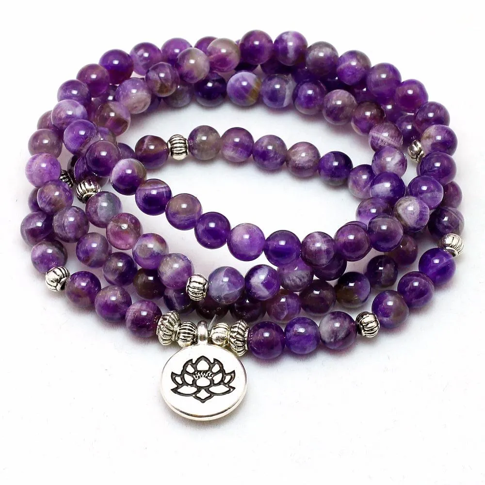 108 Amethyst Purple Mala Beads Lotus Bracelet