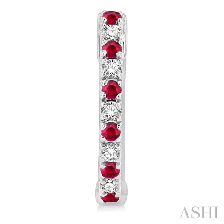 1/10 ctw Petite 1.35 MM Ruby and Round Cut Diamond Precious Fashion Huggies in 10K White Gold