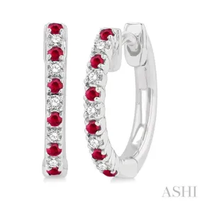 1/10 ctw Petite 1.35 MM Ruby and Round Cut Diamond Precious Fashion Huggies in 10K White Gold