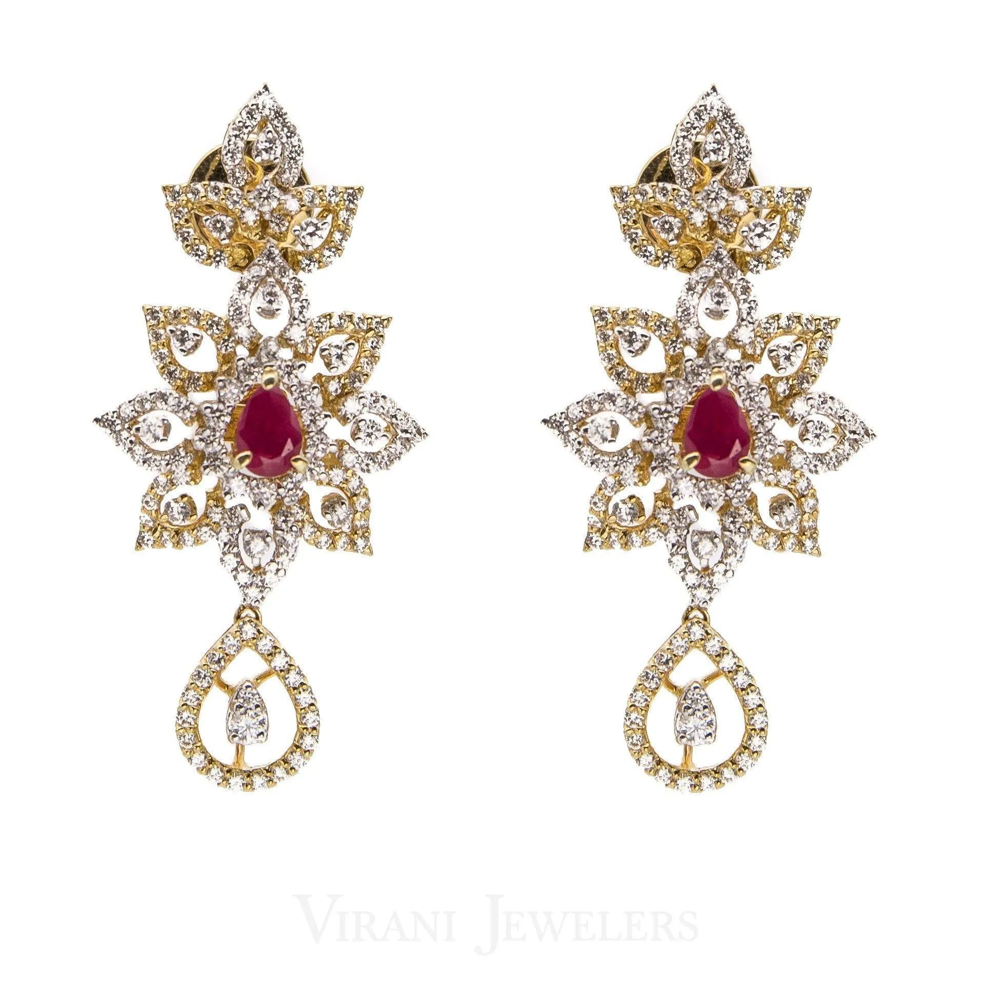 14.73CT Diamond Necklace and Earrings in 18K Yellow Gold W/ Floral Frame & Centered Ruby