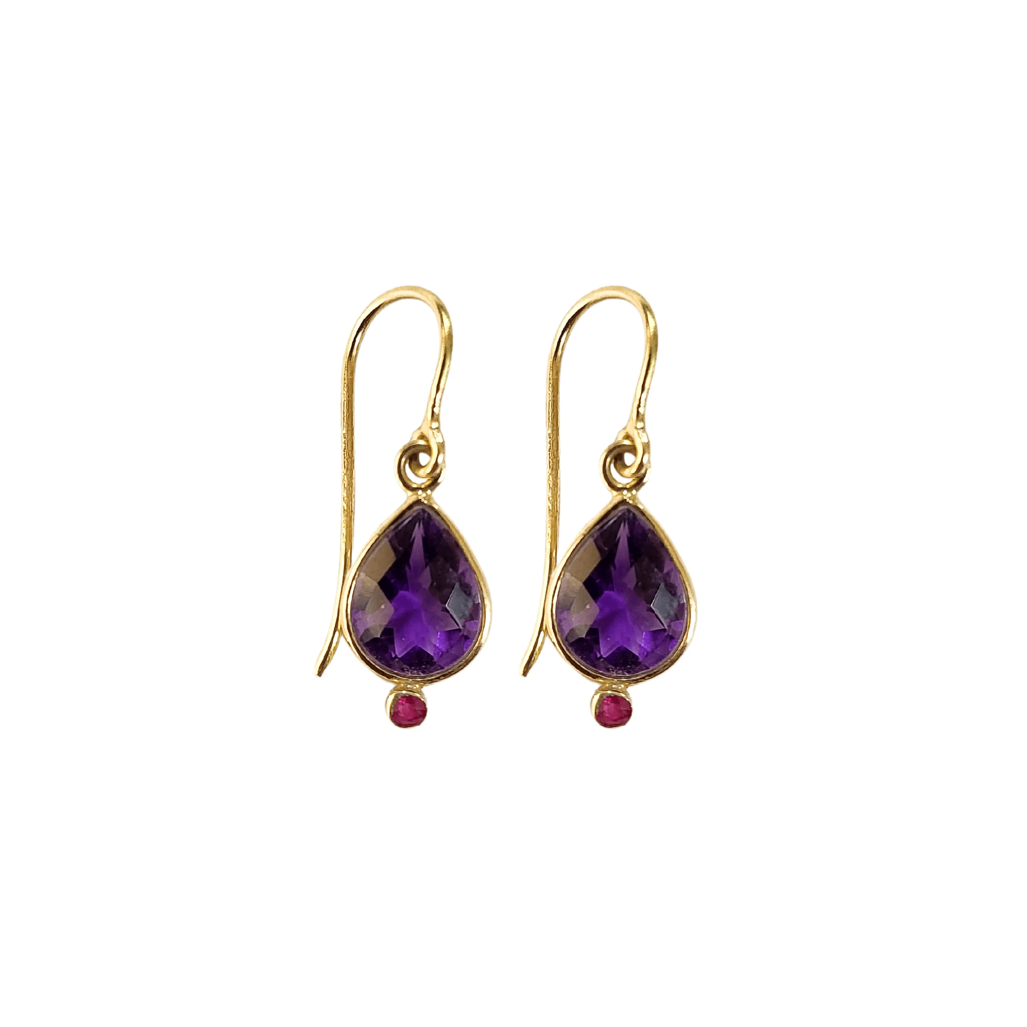 14k Gold Briolette Cut Amethyst Dangle Earrings With Natural Ruby