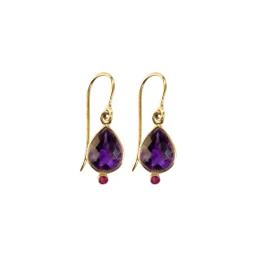 14k Gold Briolette Cut Amethyst Dangle Earrings With Natural Ruby