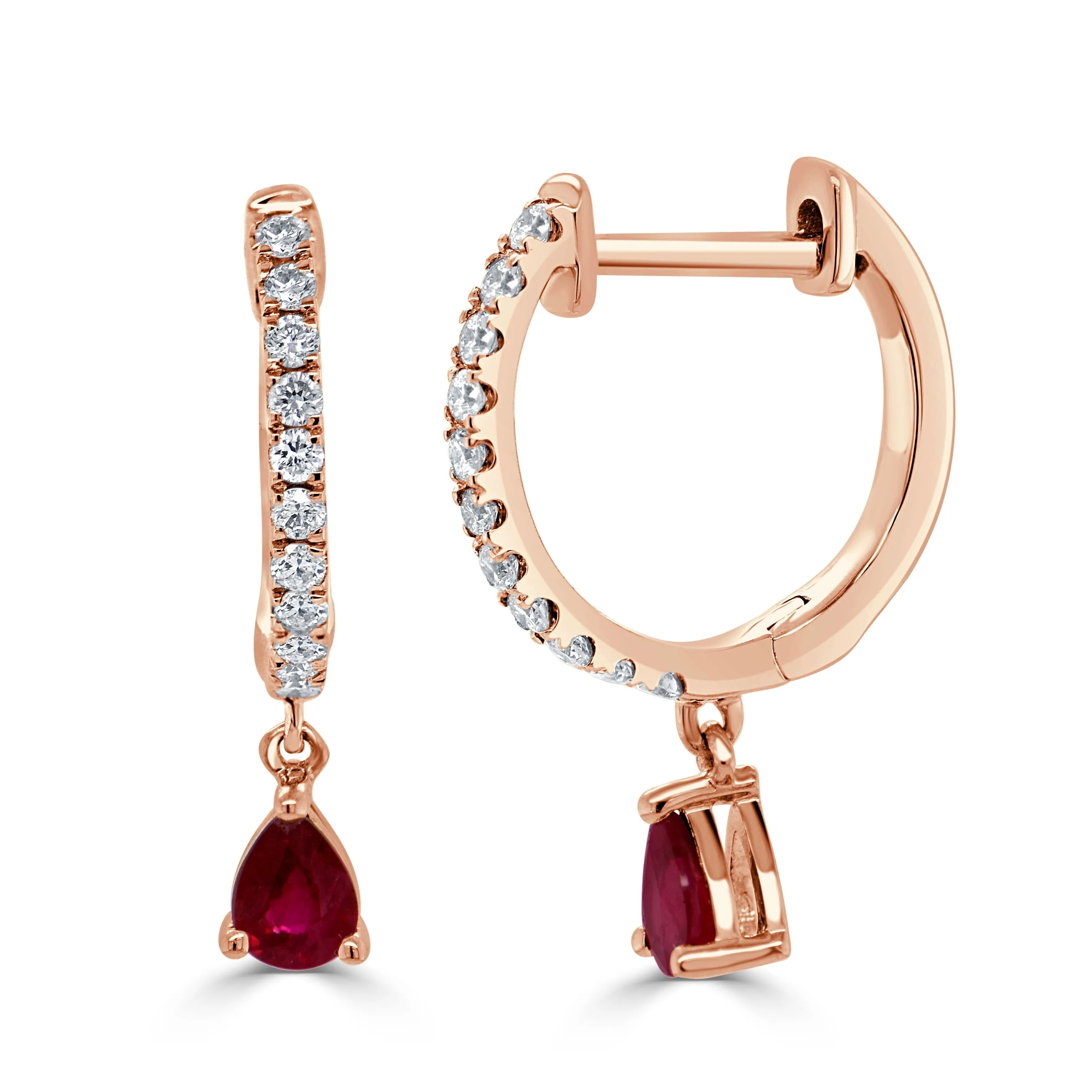 14K Gold Diamond & Ruby Pear Shape Drop Earrings