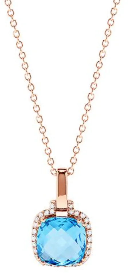 14K Rose Gold Blue Topaz and Diamond Square Pendant