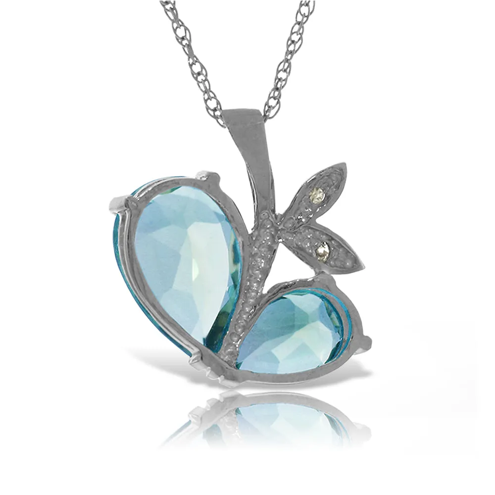 14K Solid White Gold Modern Heart Necklace w/ Natural Diamond & Blue Topaz