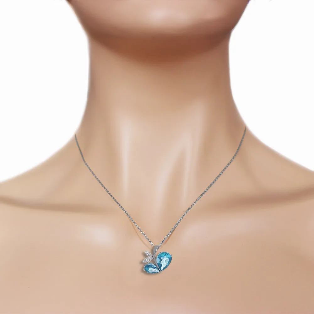 14K Solid White Gold Modern Heart Necklace w/ Natural Diamond & Blue Topaz