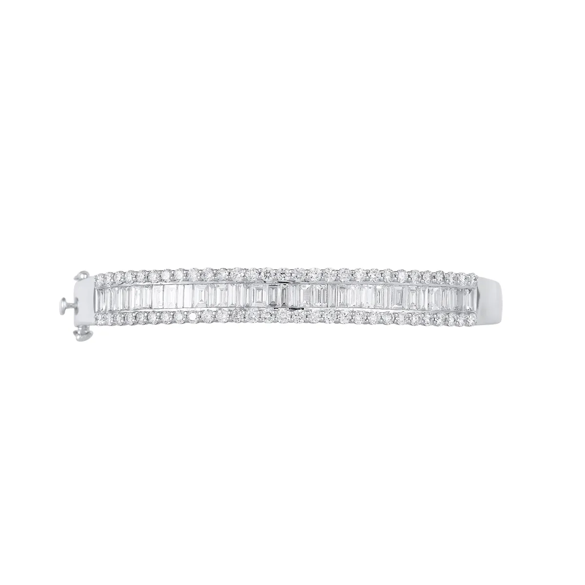 14K White Gold Baguette and Round Diamond Clasped Bangle