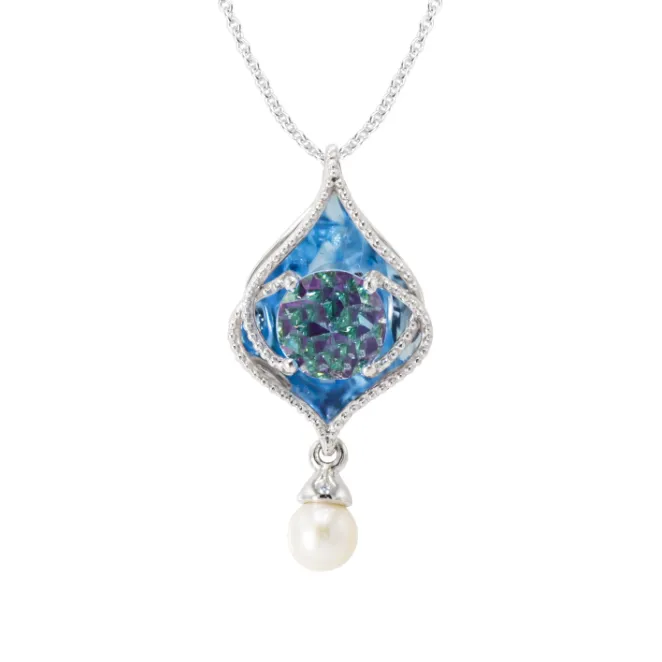 14K White Gold Blue Topaz, Ruby, Emerald, and Pearl Necklace