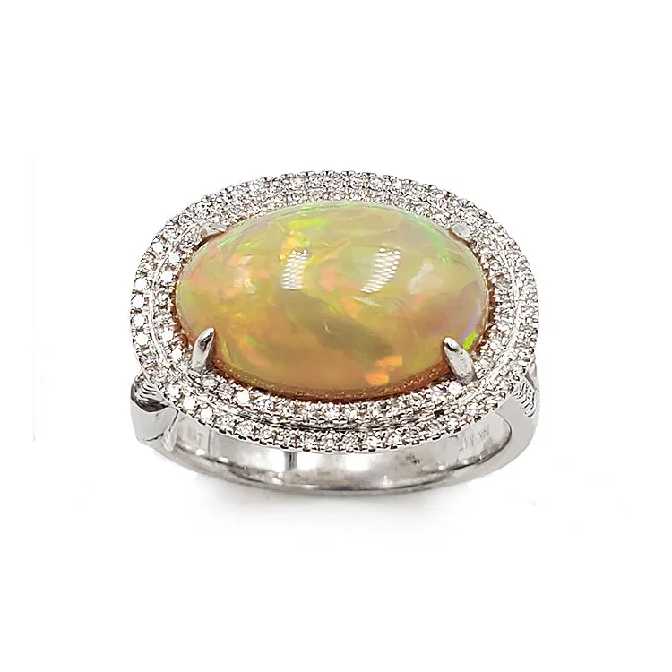 14K White Gold Fire Opal Ring with Diamonds