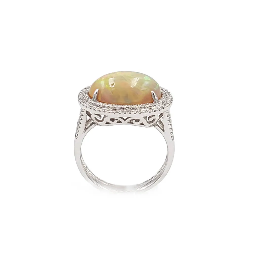 14K White Gold Fire Opal Ring with Diamonds