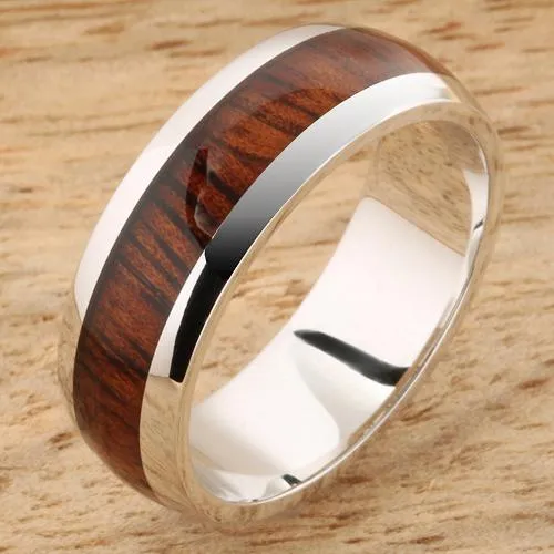 14K White Gold Natural Koa Wood Oval Wedding Ring 7mm