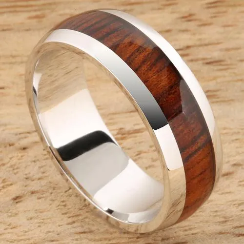 14K White Gold Natural Koa Wood Oval Wedding Ring 7mm