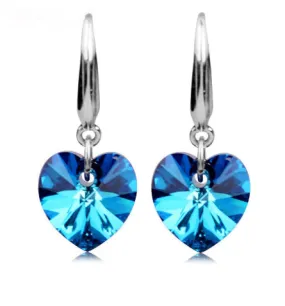 14K White Gold Plated Aqua Blue Austrian Crystal Heart Drill Earrings for Women