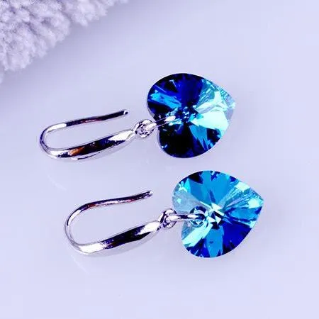 14K White Gold Plated Aqua Blue Austrian Crystal Heart Drill Earrings for Women