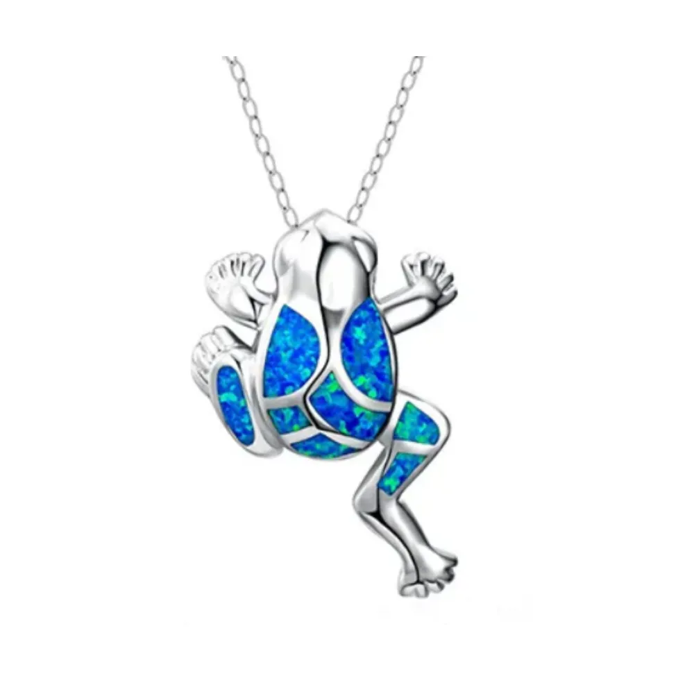 14K White Gold Plated Deep Blue Sea Turtle Animal Frog Crab Cat Heart Opal Blue Enamel Cz Pendant Necklace for Woman Special Occasion Birthdays Holidays