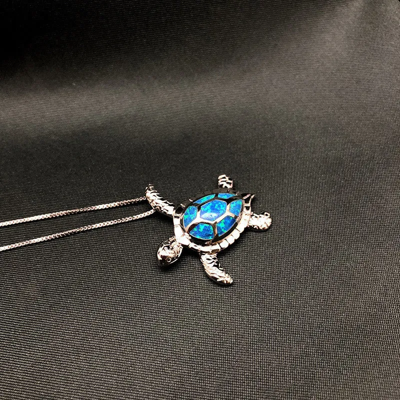 14K White Gold Plated Deep Blue Sea Turtle Animal Frog Crab Cat Heart Opal Blue Enamel Cz Pendant Necklace for Woman Special Occasion Birthdays Holidays