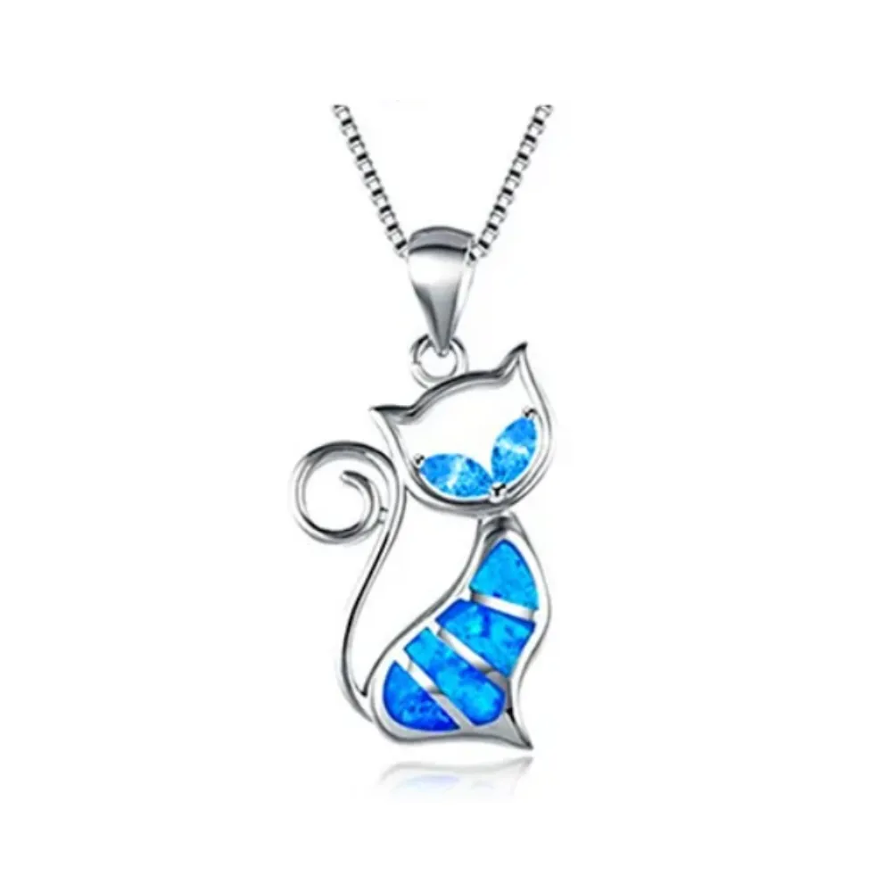 14K White Gold Plated Deep Blue Sea Turtle Animal Frog Crab Cat Heart Opal Blue Enamel Cz Pendant Necklace for Woman Special Occasion Birthdays Holidays