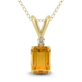 14K Yellow Gold 6X4Mm Emerald Shaped Citrine And Diamond Pendant