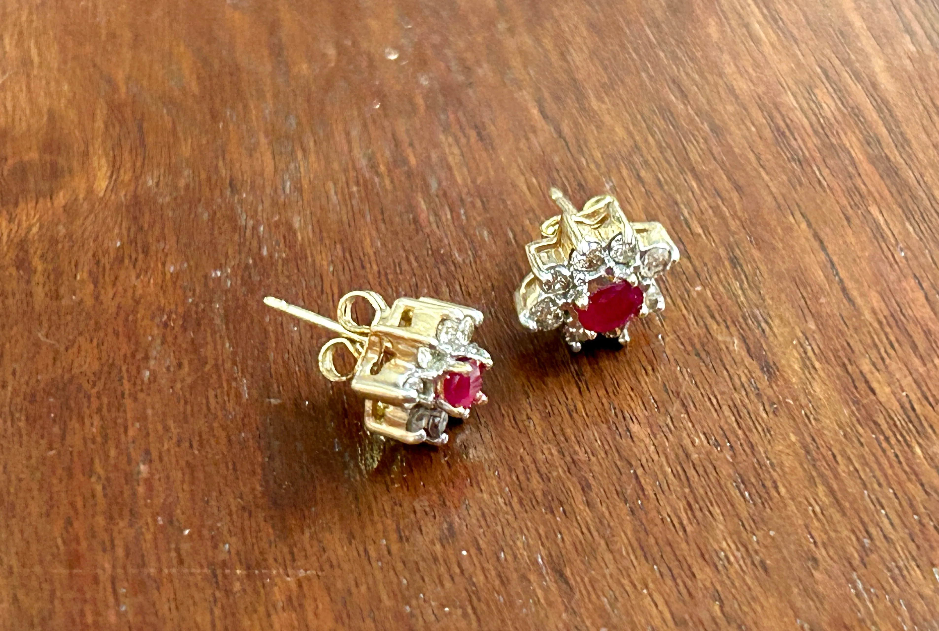 14k Yellow Gold Oval Ruby Diamond Halo Stud Pierced Cluster Earrings