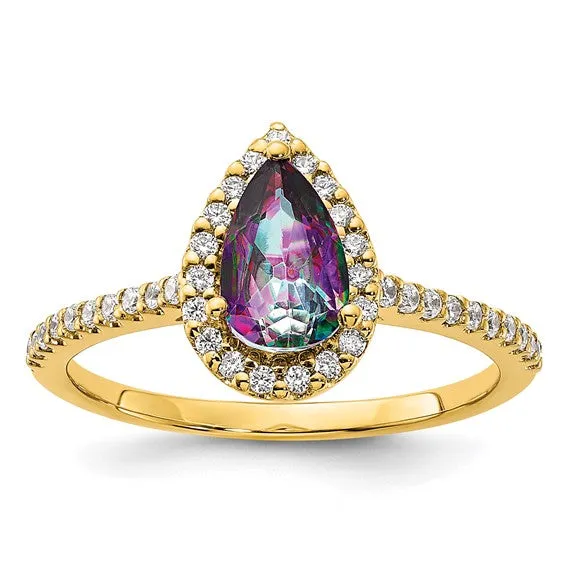 14k Yellow Gold Pear Mystic Fire Topaz and Diamond Halo Engagement Ring