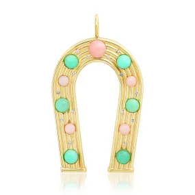 14K Yellow Gold Pink Opal, Chrysoprase and Diamond Horseshoe Charm