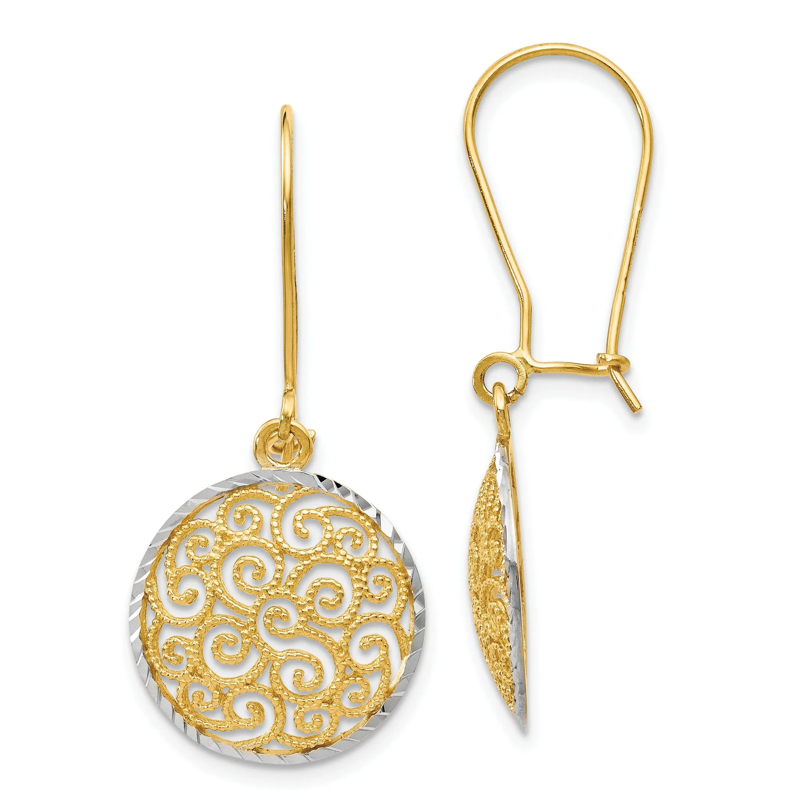 14k Yellow Rhodium Filigree Dangle Earrings