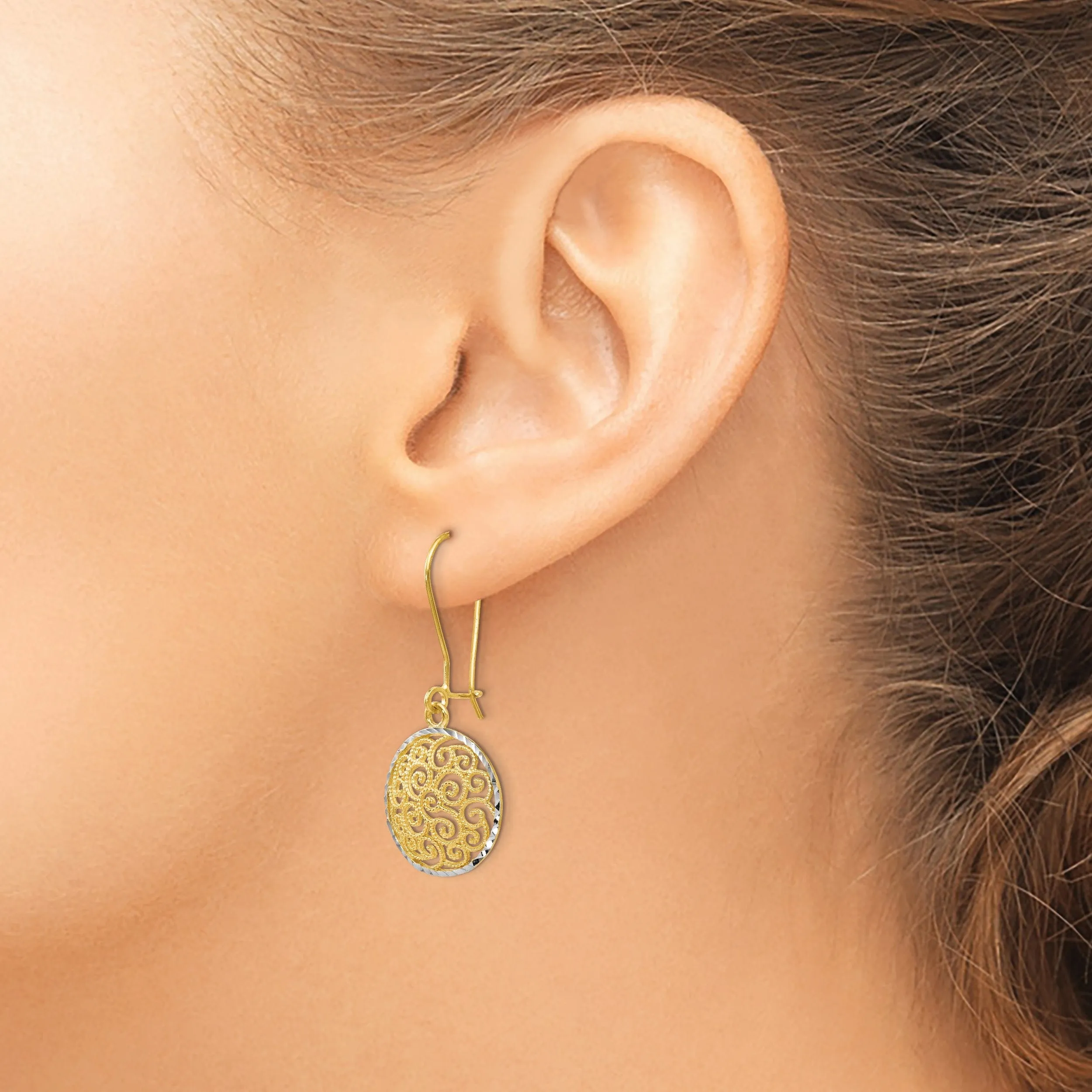 14k Yellow Rhodium Filigree Dangle Earrings