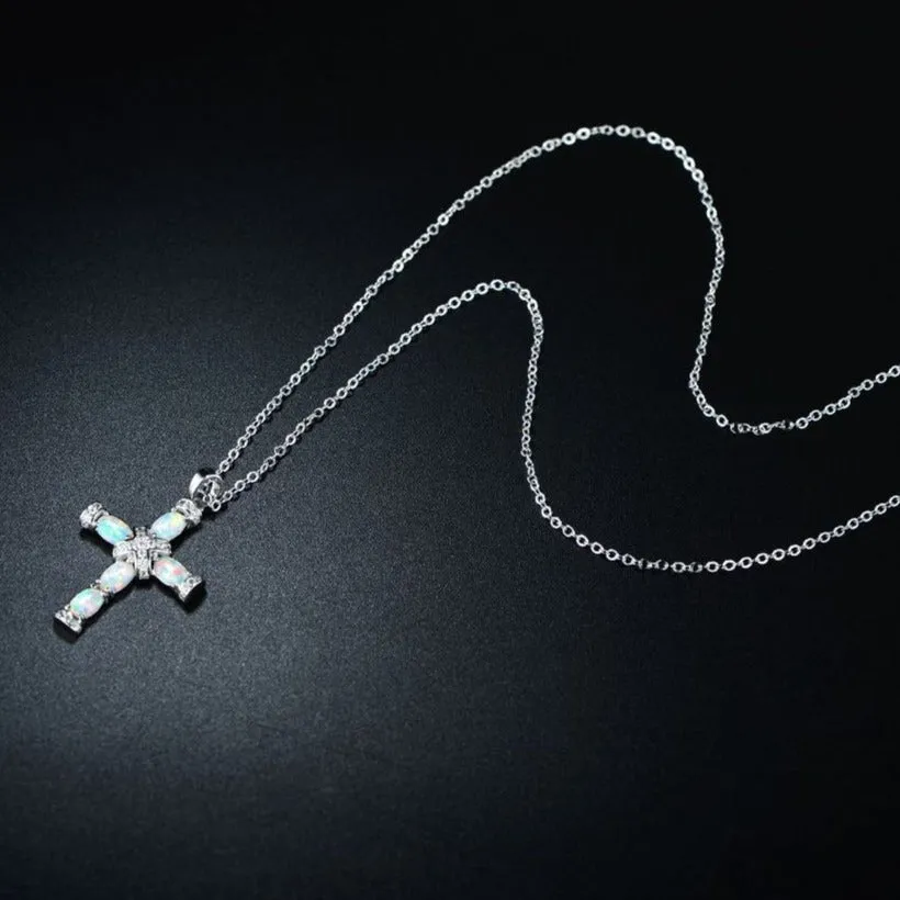 18K Rose Gold Plated Opal Cross Charm Necklace