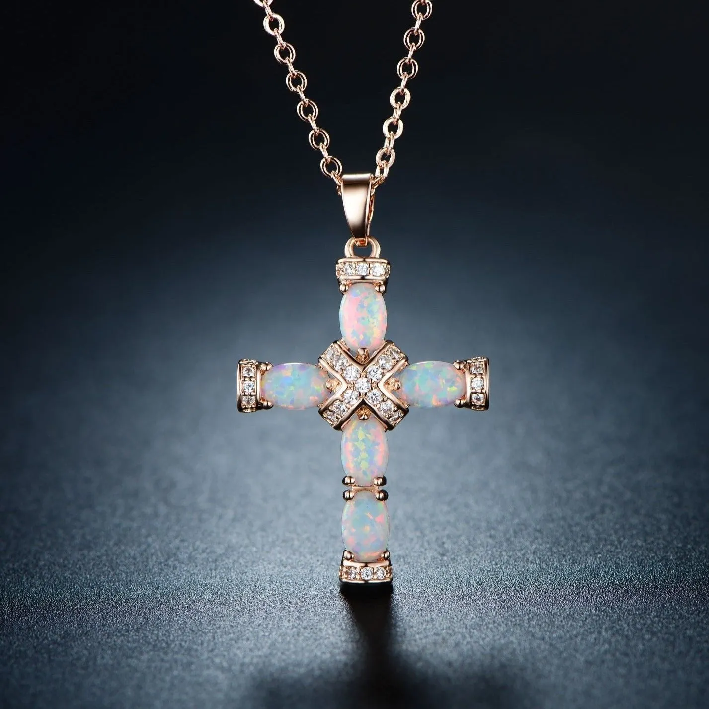 18K Rose Gold Plated Opal Cross Charm Necklace