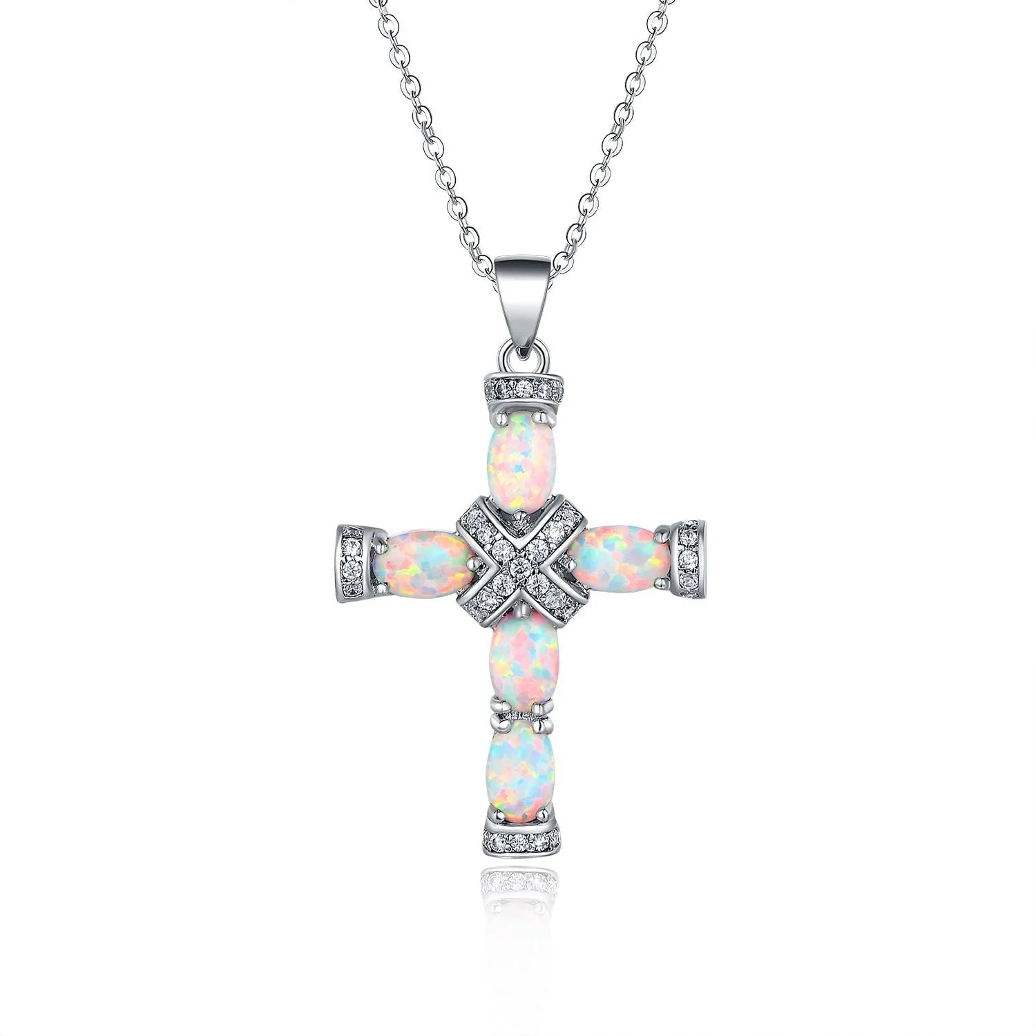 18K Rose Gold Plated Opal Cross Charm Necklace