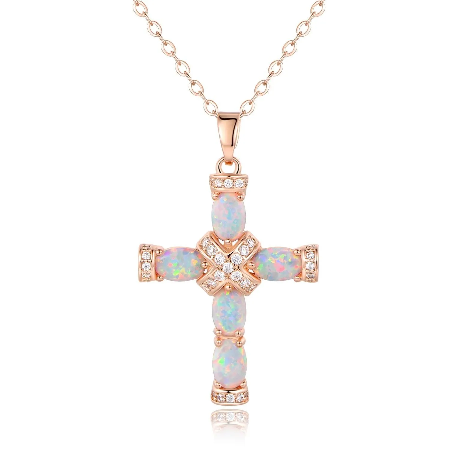 18K Rose Gold Plated Opal Cross Charm Necklace