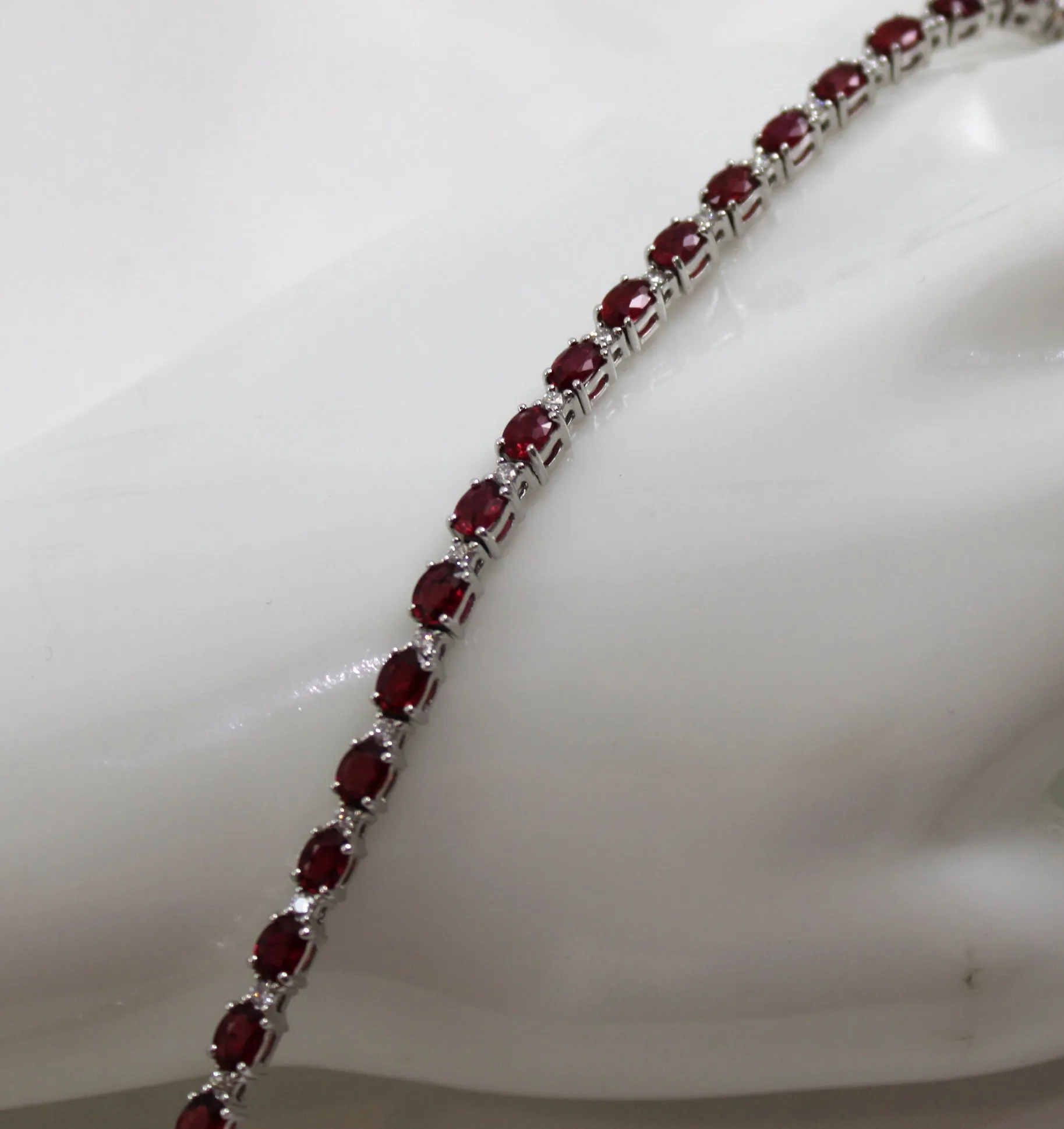 18K White Gold Oval Ruby and Diamond Tennis Bracelet