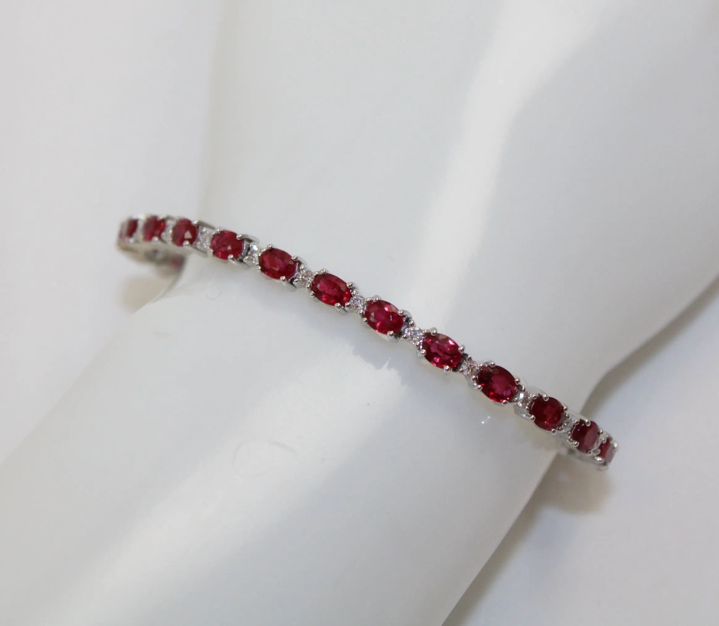 18K White Gold Oval Ruby and Diamond Tennis Bracelet