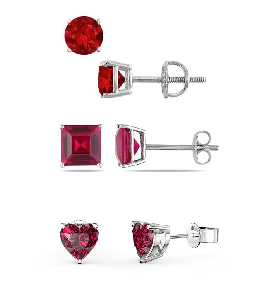 18k White Gold Plated 1/4Cttw 4mm Created Ruby 3 Pair Round, Square and Heart Stud Earrings