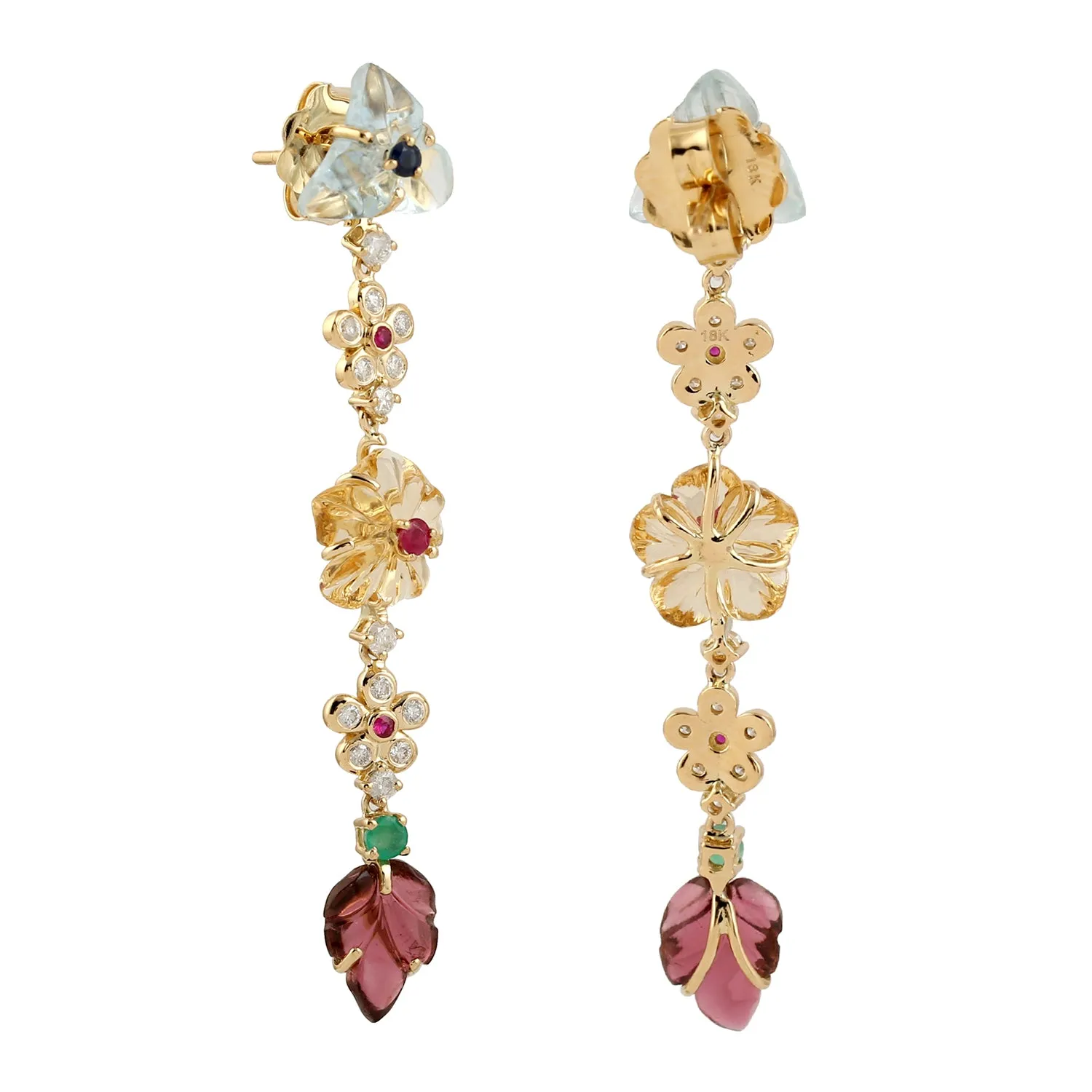 18k Yellow Gold Carved Flower Gemstone Dangle Earrings Women Jewelry For Gift