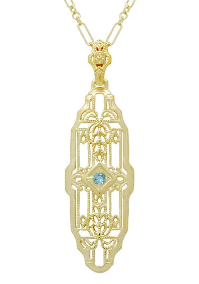 1920's Art Deco Filigree Sky Blue Topaz Necklace in Yellow Gold Over Sterling Silver