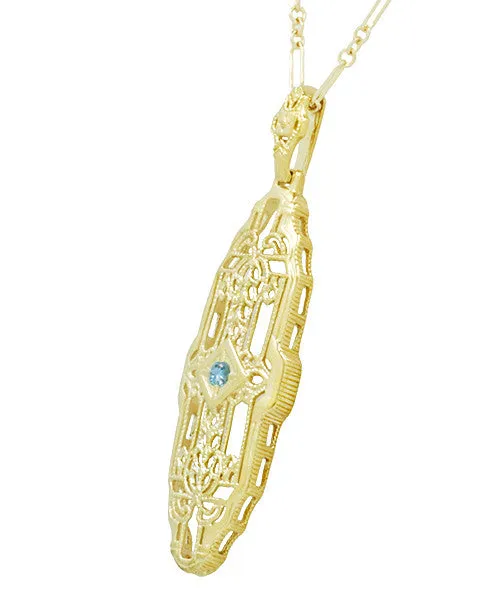 1920's Art Deco Filigree Sky Blue Topaz Necklace in Yellow Gold Over Sterling Silver