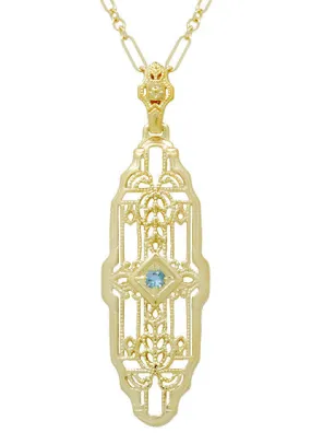 1920's Art Deco Filigree Sky Blue Topaz Necklace in Yellow Gold Over Sterling Silver