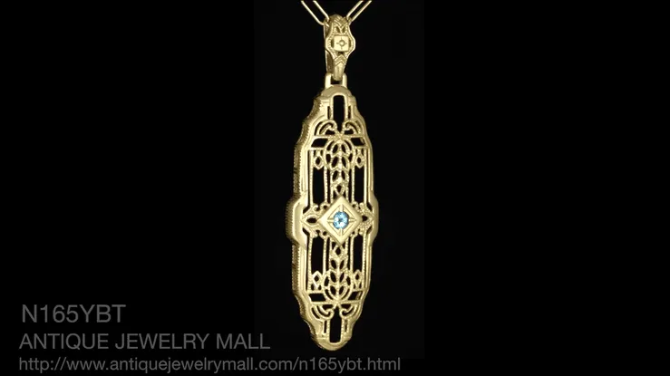 1920's Art Deco Filigree Sky Blue Topaz Necklace in Yellow Gold Over Sterling Silver