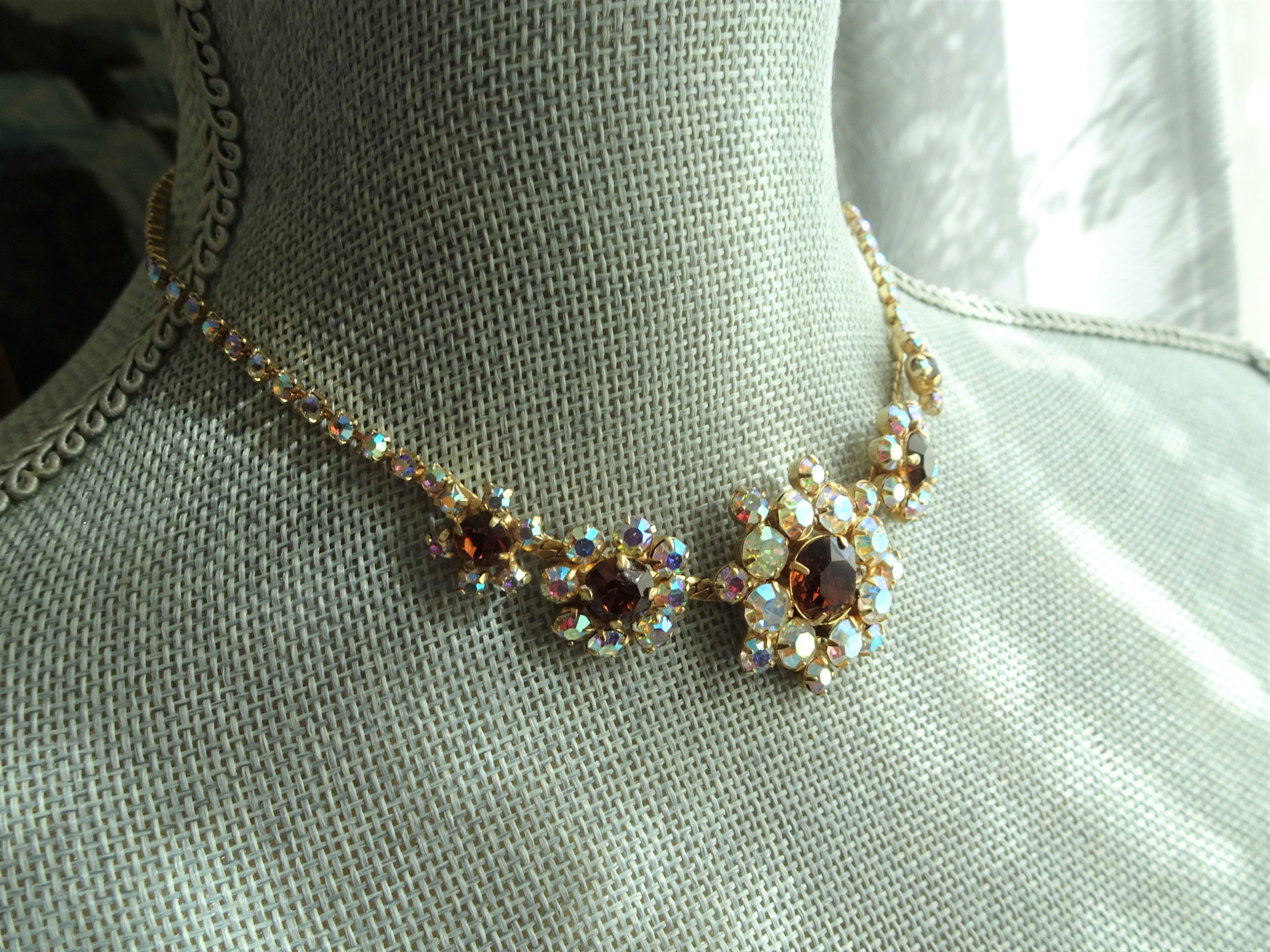 1950s GLAM Sparkling Glass Necklace and Earrings Set,Swarovski Crystals,Topaz,AB Stones,Evening or Bridal Necklace,Vintage Collectible Jewelry