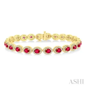 2 1/6 ctw Oval Cut 4X3 MM Ruby and Round Cut Diamond Halo Precious Tennis Bracelet in 14K Yellow Gold