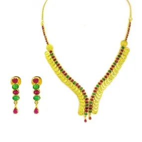 22K Yellow Gold Necklace & Earrings Set W/ V-Neck Collar of Laxmi Coins and Ruby & Emerald Gemstones