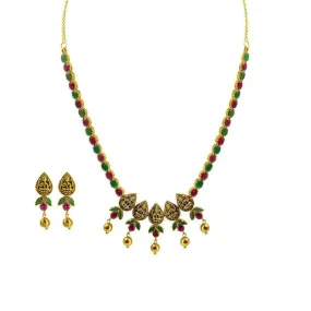 22K Yellow Gold Set Necklace & Earrings W/ Rubies, Emeralds & Pear-Shaped Laxmi Coins