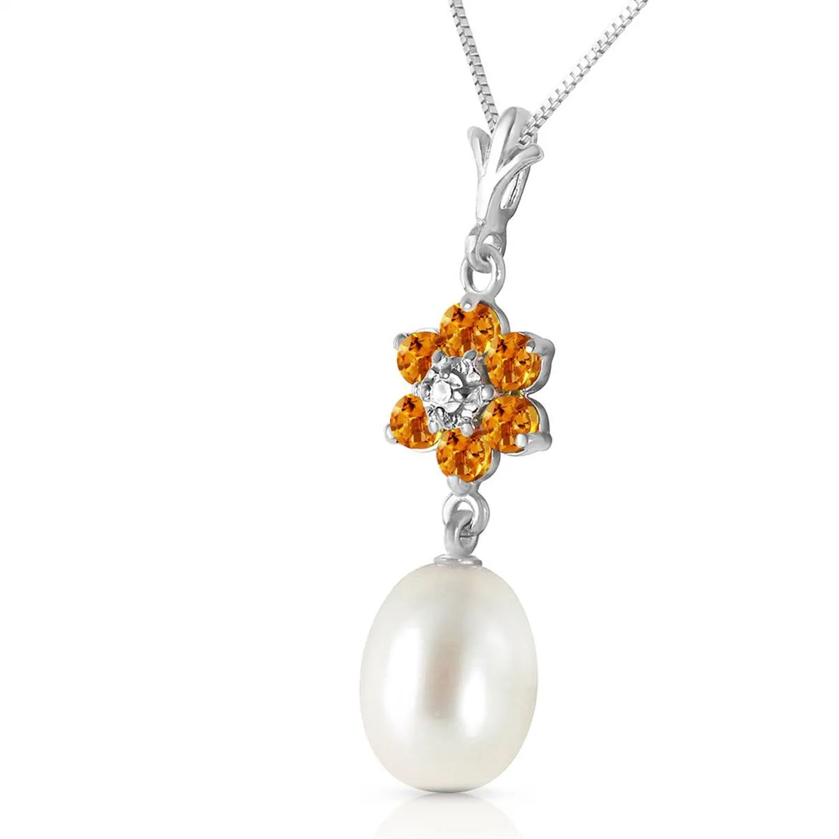 4.53 Carat 14K Solid White Gold Necklace Natural Pearl, Citrine Diamond