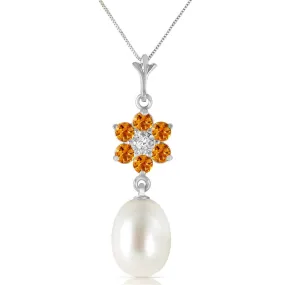 4.53 Carat 14K Solid White Gold Necklace Natural Pearl, Citrine Diamond