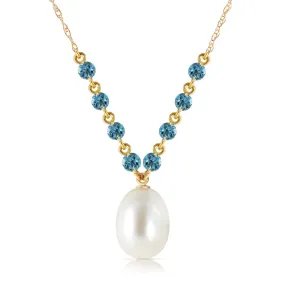 5 Carat 14K Solid Yellow Gold Necklace Natural Blue Topaz Pearl